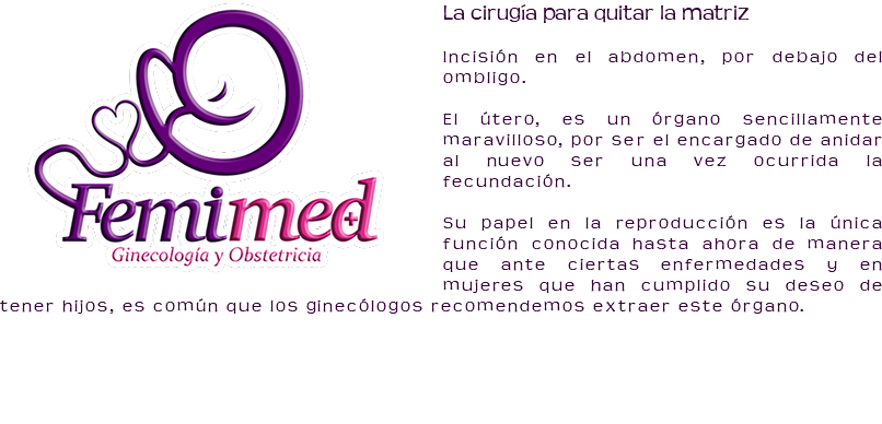 ﷯La cirugía para quitar la matriz Incisión en el abdomen, por debajo del ombligo. El útero, es un órgano sencillamente maravilloso, por ser el encargado de anidar al nuevo ser una vez ocurrida la fecundación. Su papel en la reproducción es la única función conocida hasta ahora de manera que ante ciertas enfermedades y en mujeres que han cumplido su deseo de tener hijos, es común que los ginecólogos recomendemos extraer este órgano. 