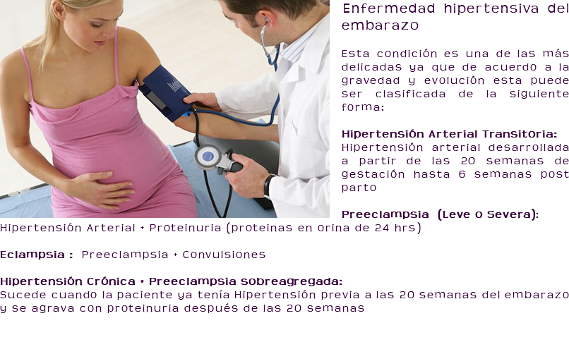 ﷯Enfermedad hipertensiva del embarazo Esta condición es una de las más delicadas ya que de acuerdo a la gravedad y evolución esta puede ser clasificada de la siguiente forma: Hipertensión Arterial Transitoria: Hipertensión arterial desarrollada a partir de las 20 semanas de gestación hasta 6 semanas post parto Preeclampsia (Leve o Severa): Hipertensión Arterial + Proteinuria (proteinas en orina de 24 hrs) Eclampsia : Preeclampsia + Convulsiones Hipertensión Crónica + Preeclampsia sobreagregada: Sucede cuando la paciente ya tenía Hipertensión previa a las 20 semanas del embarazo y se agrava con proteinuria después de las 20 semanas 